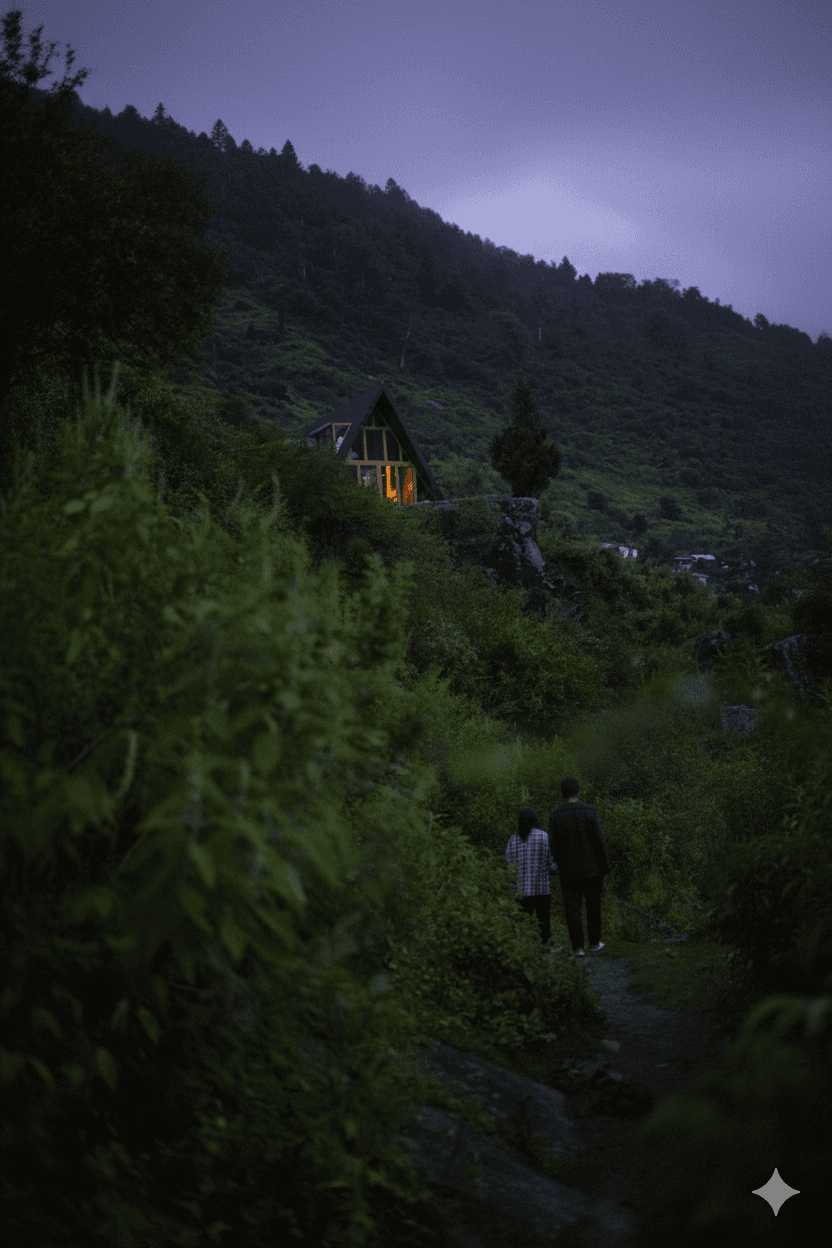 Couple walking up to Vaadi at dusk — A-frame cabin glowing warm against the green hillside