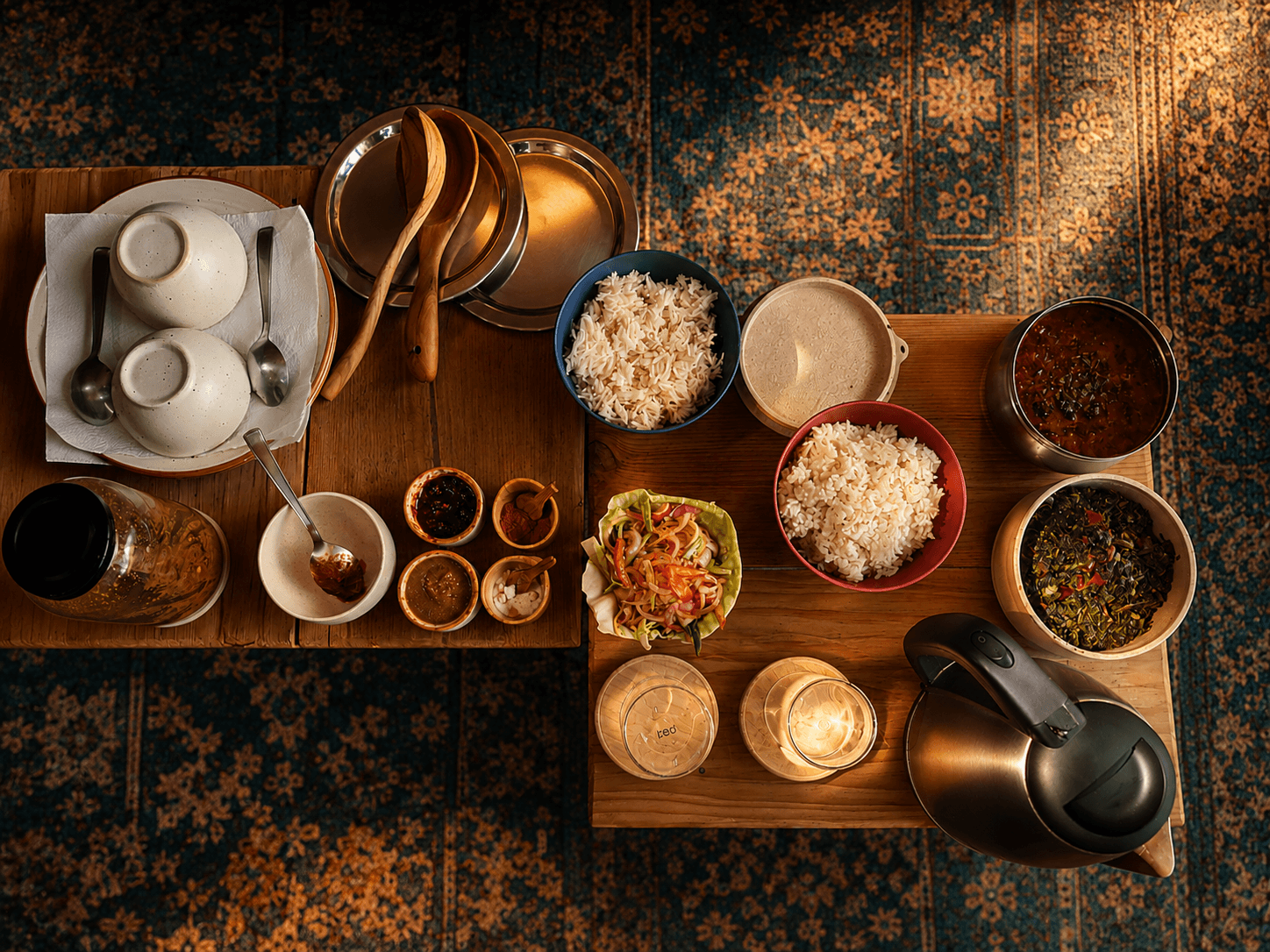 Garhwali meal spread — rice, dal, kafuli, chutneys