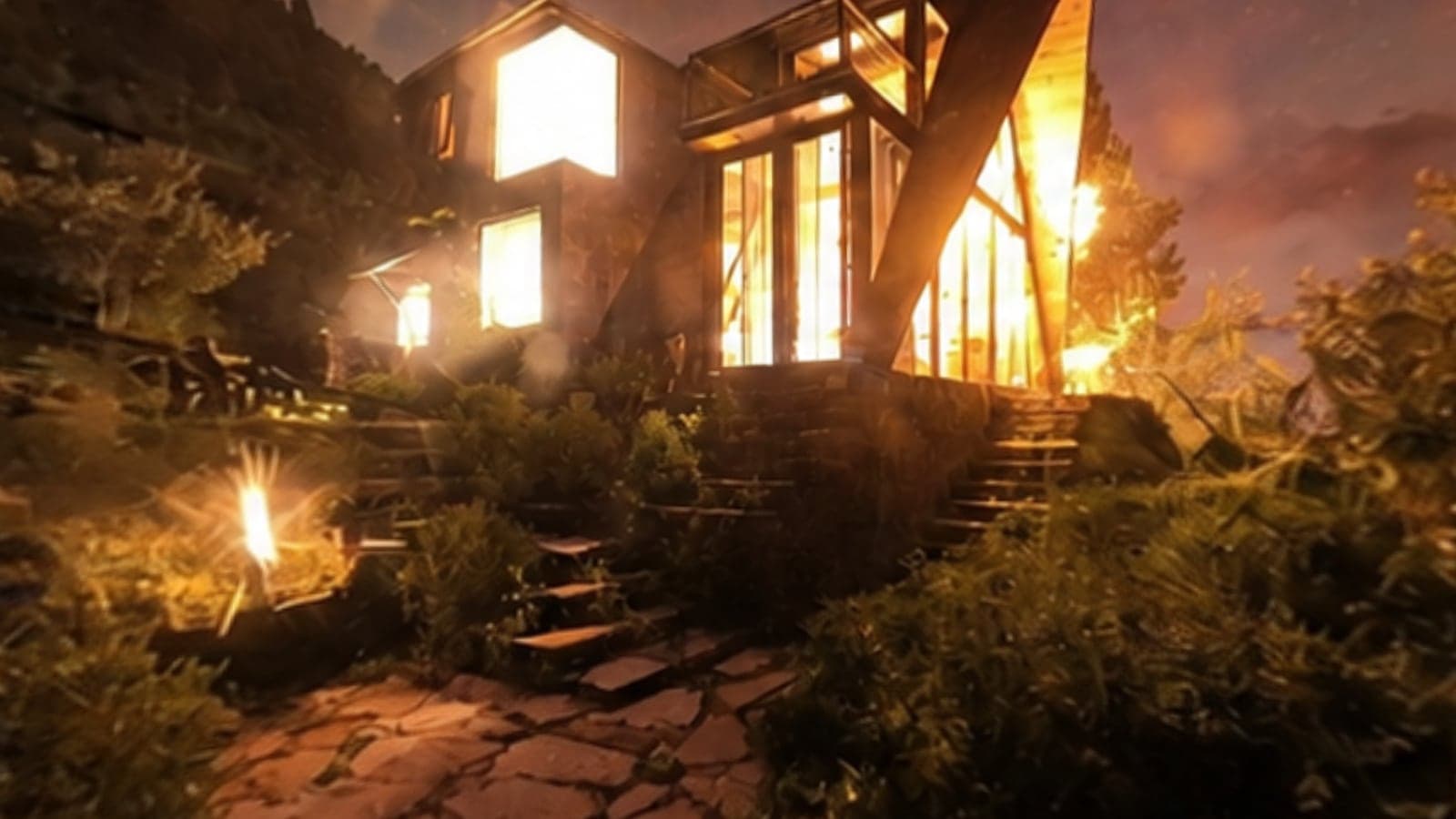 A 360 view of Vaadi just after sunset, orange sky over the valley with the homestay lit on the left